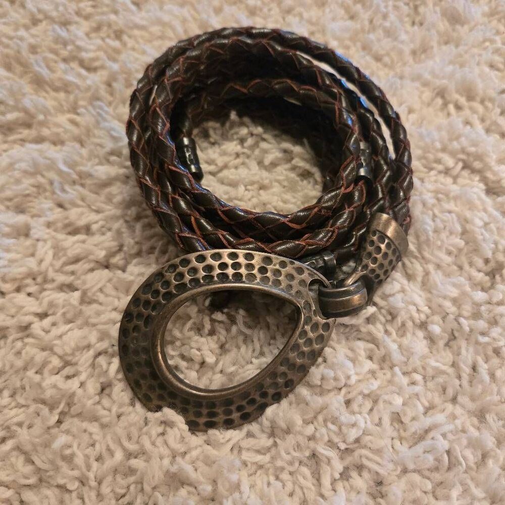 Brighton Brown Braided Leather Loop Over Belt O/S Metal Buckle & Accents